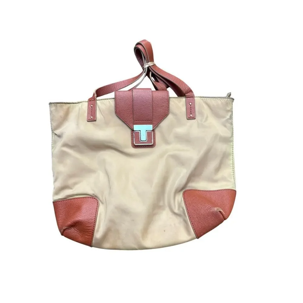 Tory Burch Canvas Leather Trim Tote Bag Tan Penn Tote